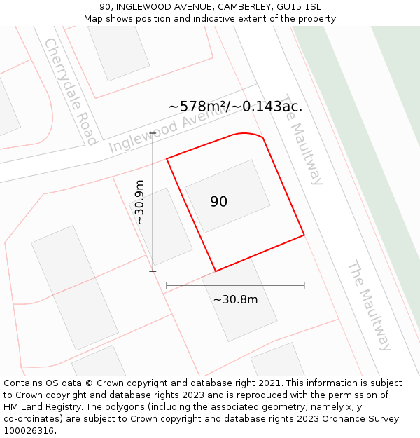90, INGLEWOOD AVENUE, CAMBERLEY, GU15 1SL: Plot and title map