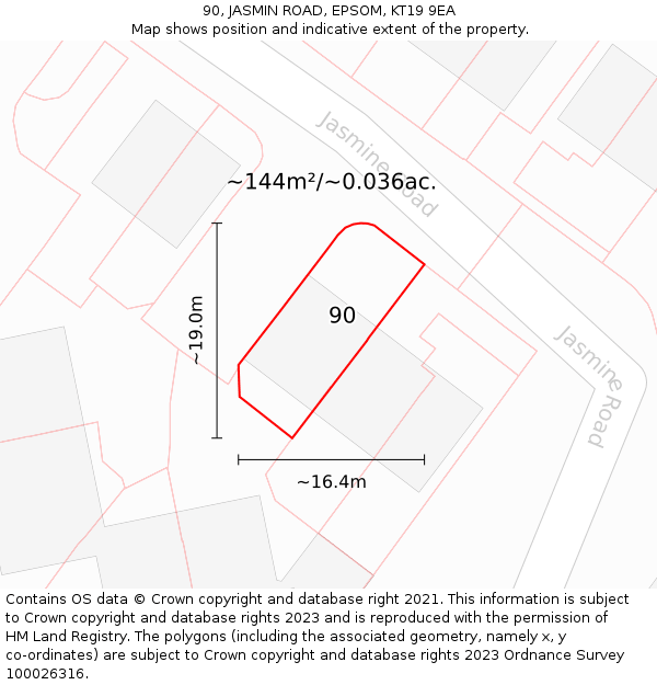 90, JASMIN ROAD, EPSOM, KT19 9EA: Plot and title map