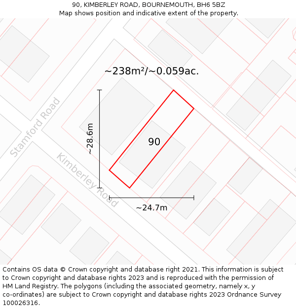 90, KIMBERLEY ROAD, BOURNEMOUTH, BH6 5BZ: Plot and title map