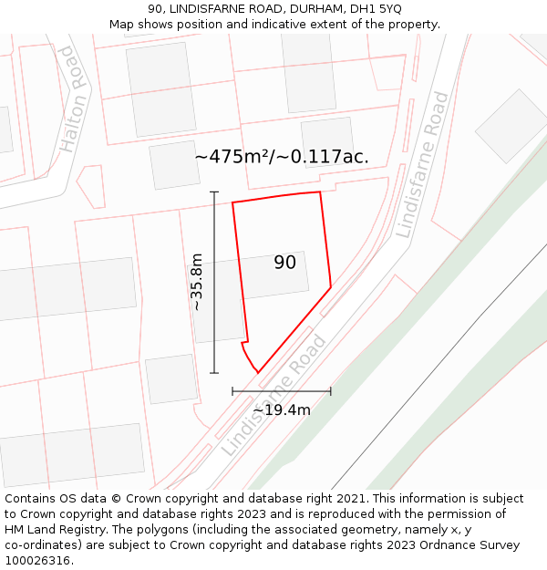 90, LINDISFARNE ROAD, DURHAM, DH1 5YQ: Plot and title map
