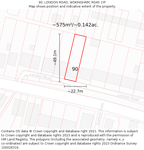 90, LONDON ROAD, WOKINGHAM, RG40 1YF: Plot and title map