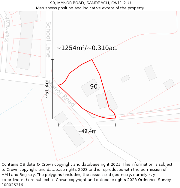 90, MANOR ROAD, SANDBACH, CW11 2LU: Plot and title map