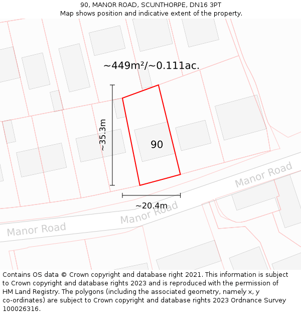 90, MANOR ROAD, SCUNTHORPE, DN16 3PT: Plot and title map