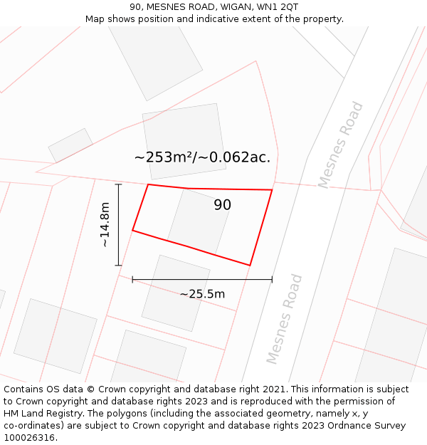 90, MESNES ROAD, WIGAN, WN1 2QT: Plot and title map