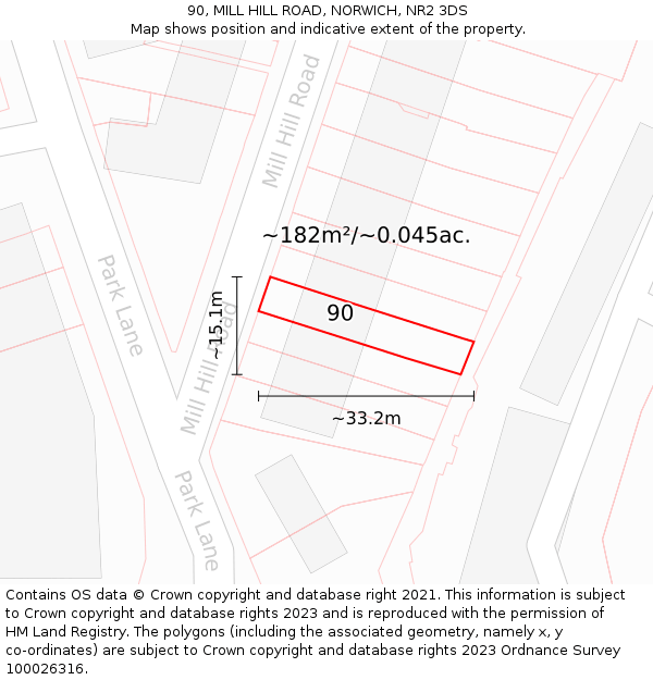 90, MILL HILL ROAD, NORWICH, NR2 3DS: Plot and title map