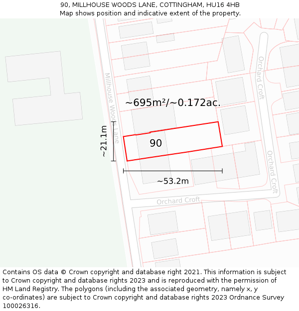 90, MILLHOUSE WOODS LANE, COTTINGHAM, HU16 4HB: Plot and title map