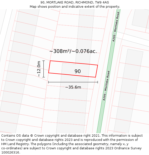 90, MORTLAKE ROAD, RICHMOND, TW9 4AS: Plot and title map