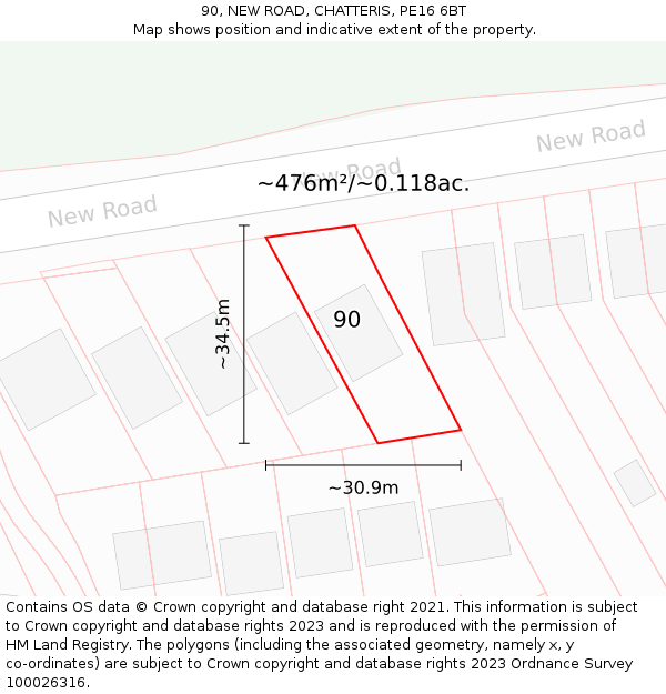 90, NEW ROAD, CHATTERIS, PE16 6BT: Plot and title map