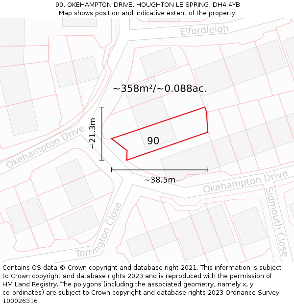 90, OKEHAMPTON DRIVE, HOUGHTON LE SPRING, DH4 4YB: Plot and title map