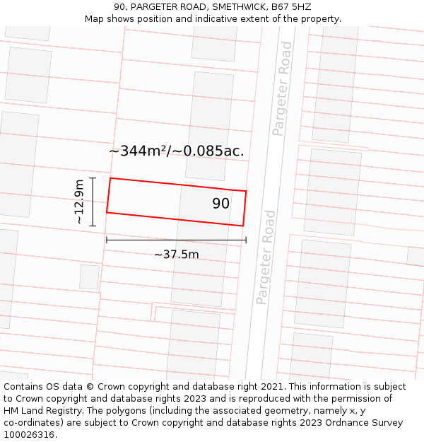 90, PARGETER ROAD, SMETHWICK, B67 5HZ: Plot and title map