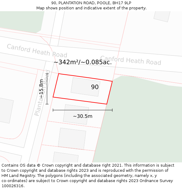 90, PLANTATION ROAD, POOLE, BH17 9LP: Plot and title map