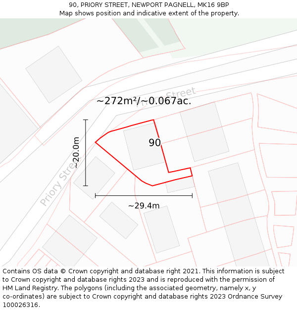 90, PRIORY STREET, NEWPORT PAGNELL, MK16 9BP: Plot and title map