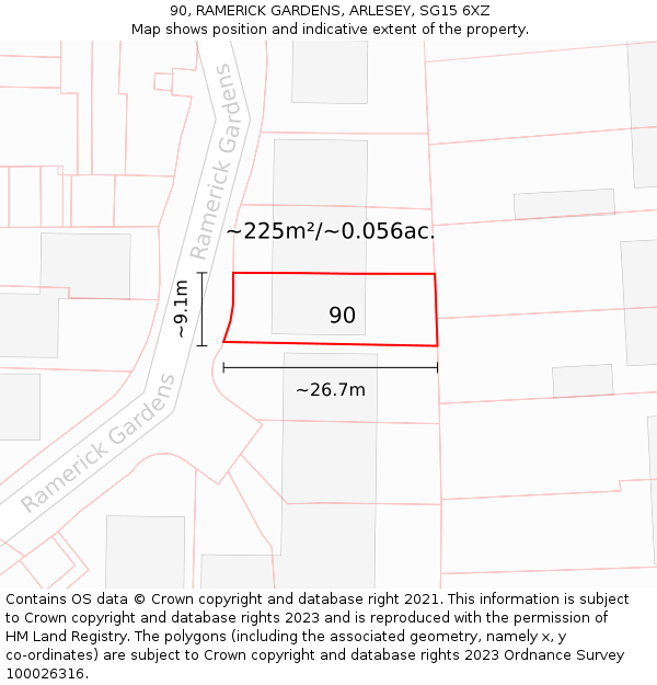 90, RAMERICK GARDENS, ARLESEY, SG15 6XZ: Plot and title map