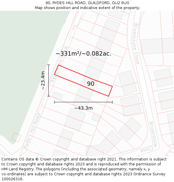 90, RYDES HILL ROAD, GUILDFORD, GU2 9UG: Plot and title map