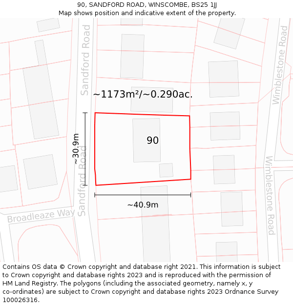 90, SANDFORD ROAD, WINSCOMBE, BS25 1JJ: Plot and title map