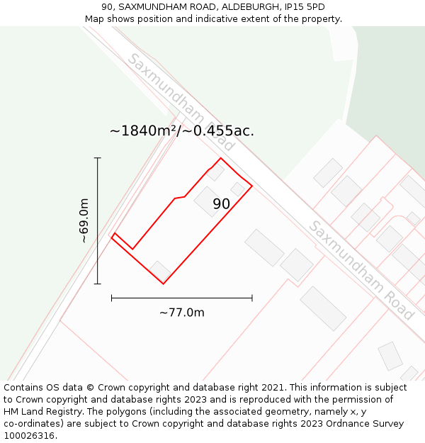 90, SAXMUNDHAM ROAD, ALDEBURGH, IP15 5PD: Plot and title map