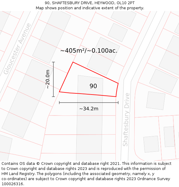 90, SHAFTESBURY DRIVE, HEYWOOD, OL10 2PT: Plot and title map