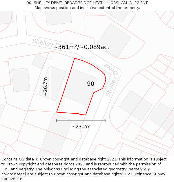 90, SHELLEY DRIVE, BROADBRIDGE HEATH, HORSHAM, RH12 3NT: Plot and title map