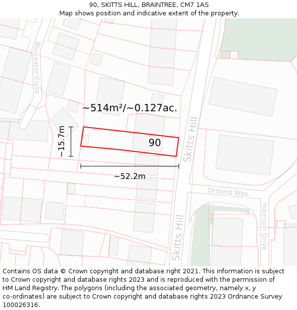 90, SKITTS HILL, BRAINTREE, CM7 1AS: Plot and title map