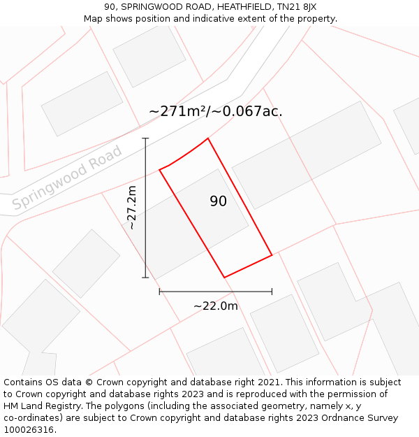 90, SPRINGWOOD ROAD, HEATHFIELD, TN21 8JX: Plot and title map