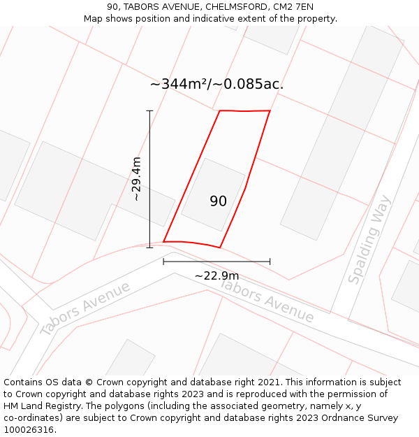 90, TABORS AVENUE, CHELMSFORD, CM2 7EN: Plot and title map