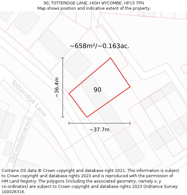 90, TOTTERIDGE LANE, HIGH WYCOMBE, HP13 7PN: Plot and title map