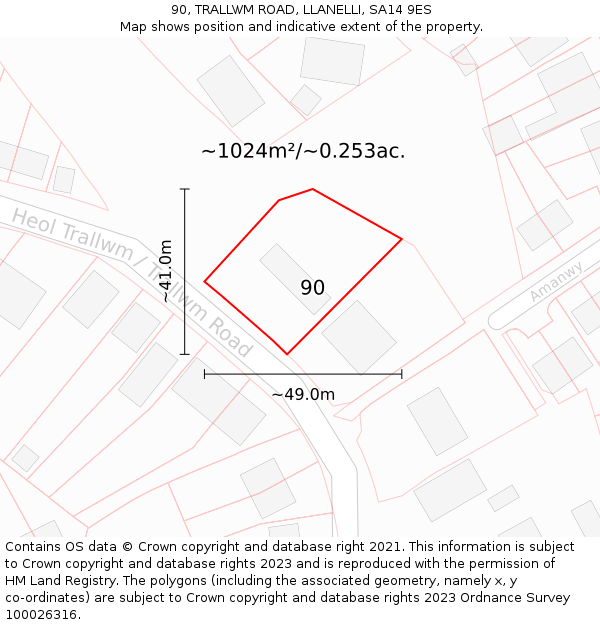 90, TRALLWM ROAD, LLANELLI, SA14 9ES: Plot and title map