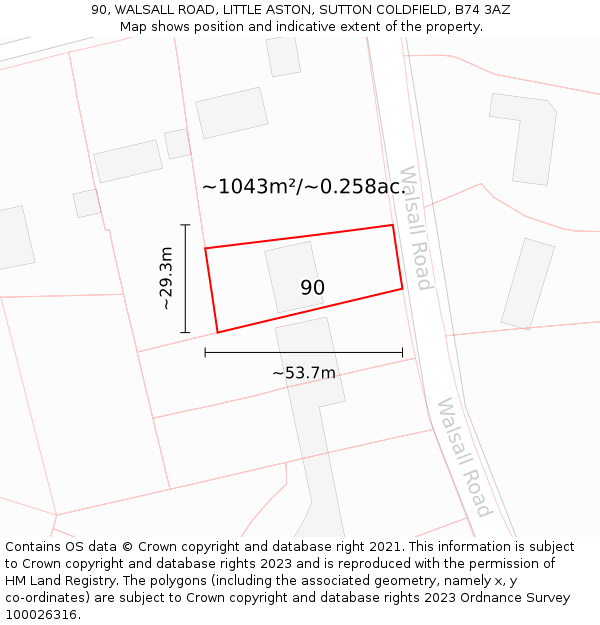 90, WALSALL ROAD, LITTLE ASTON, SUTTON COLDFIELD, B74 3AZ: Plot and title map