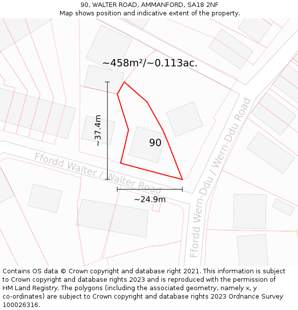 90, WALTER ROAD, AMMANFORD, SA18 2NF: Plot and title map