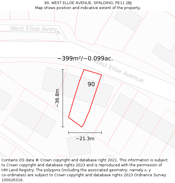 90, WEST ELLOE AVENUE, SPALDING, PE11 2BJ: Plot and title map