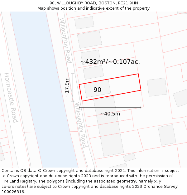 90, WILLOUGHBY ROAD, BOSTON, PE21 9HN: Plot and title map