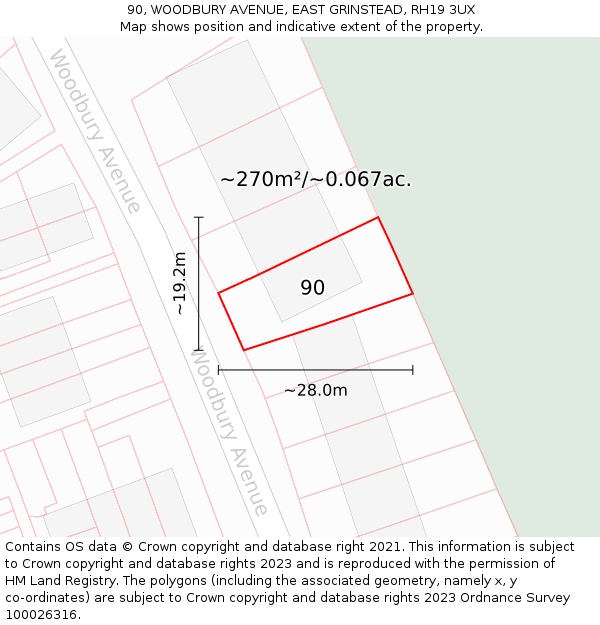 90, WOODBURY AVENUE, EAST GRINSTEAD, RH19 3UX: Plot and title map