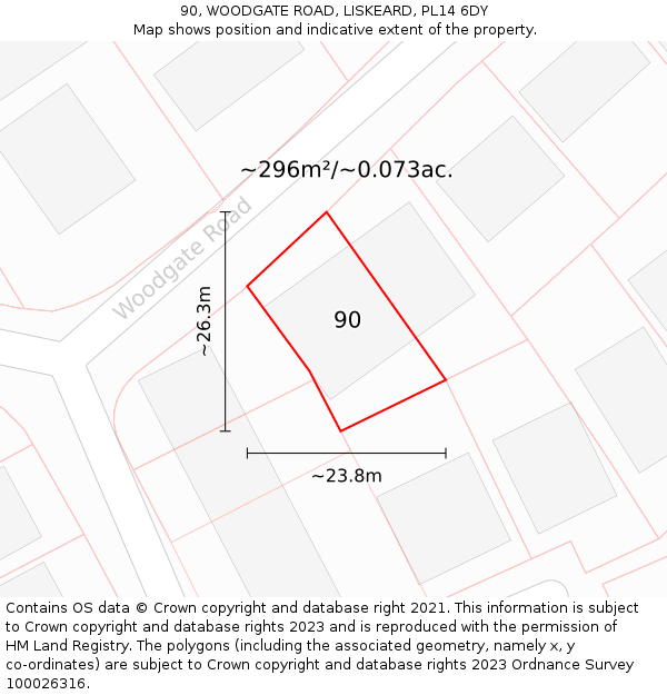 90, WOODGATE ROAD, LISKEARD, PL14 6DY: Plot and title map