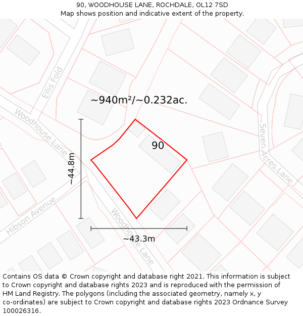 90, WOODHOUSE LANE, ROCHDALE, OL12 7SD: Plot and title map