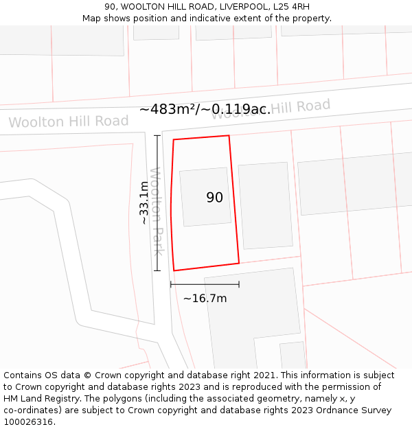 90, WOOLTON HILL ROAD, LIVERPOOL, L25 4RH: Plot and title map