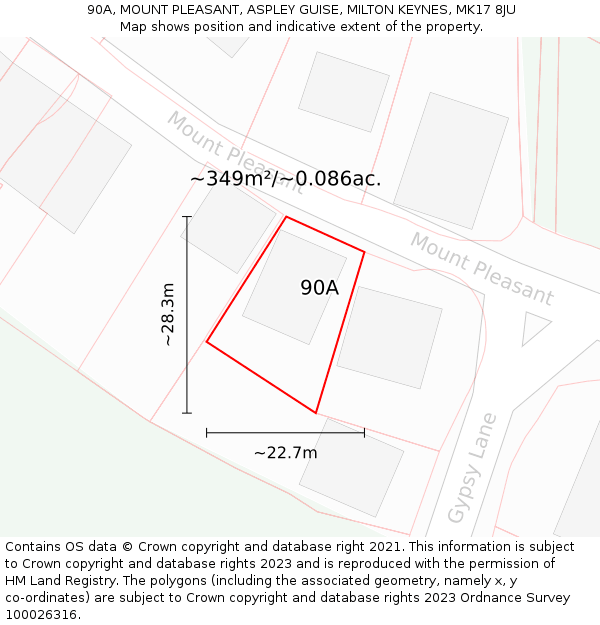 90A, MOUNT PLEASANT, ASPLEY GUISE, MILTON KEYNES, MK17 8JU: Plot and title map