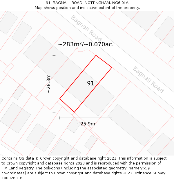 91, BAGNALL ROAD, NOTTINGHAM, NG6 0LA: Plot and title map