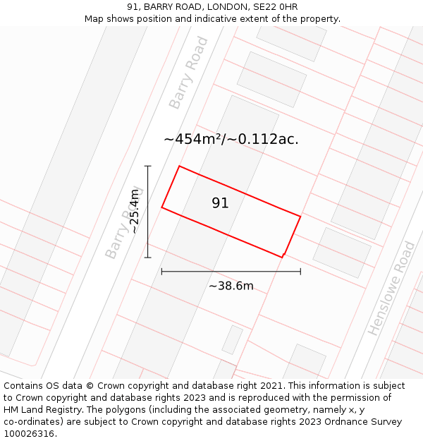 91, BARRY ROAD, LONDON, SE22 0HR: Plot and title map
