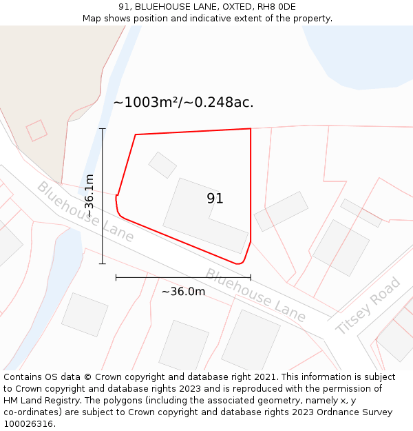 91, BLUEHOUSE LANE, OXTED, RH8 0DE: Plot and title map