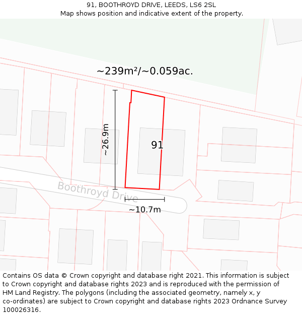 91, BOOTHROYD DRIVE, LEEDS, LS6 2SL: Plot and title map