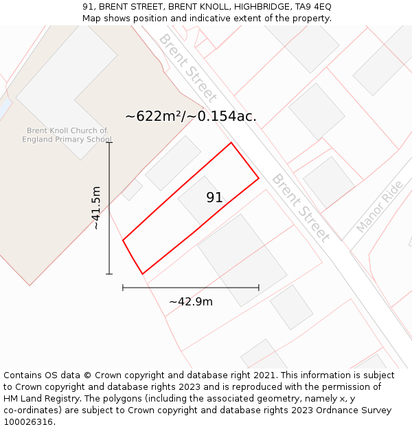 91, BRENT STREET, BRENT KNOLL, HIGHBRIDGE, TA9 4EQ: Plot and title map