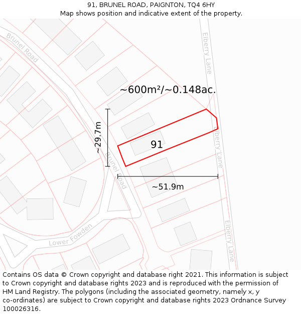 91, BRUNEL ROAD, PAIGNTON, TQ4 6HY: Plot and title map