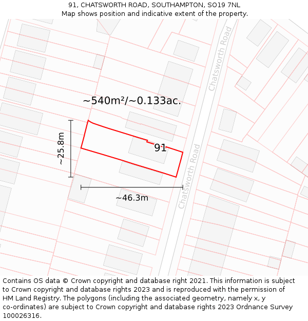 91, CHATSWORTH ROAD, SOUTHAMPTON, SO19 7NL: Plot and title map