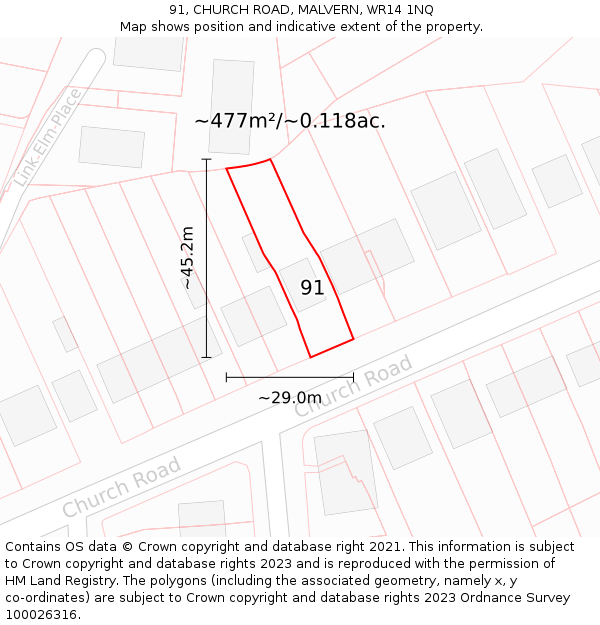 91, CHURCH ROAD, MALVERN, WR14 1NQ: Plot and title map