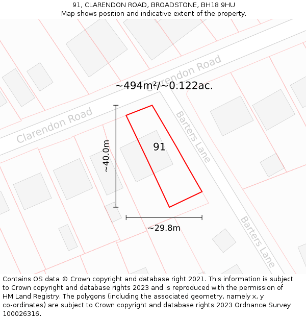 91, CLARENDON ROAD, BROADSTONE, BH18 9HU: Plot and title map