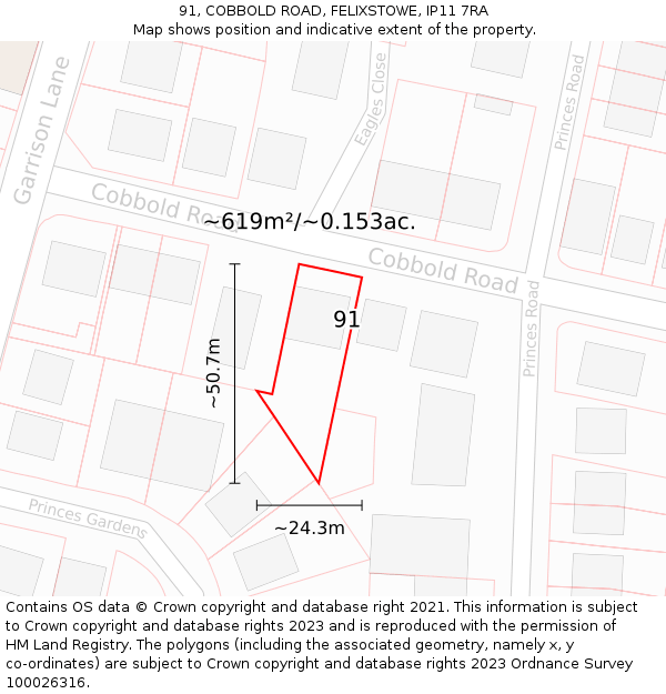 91, COBBOLD ROAD, FELIXSTOWE, IP11 7RA: Plot and title map