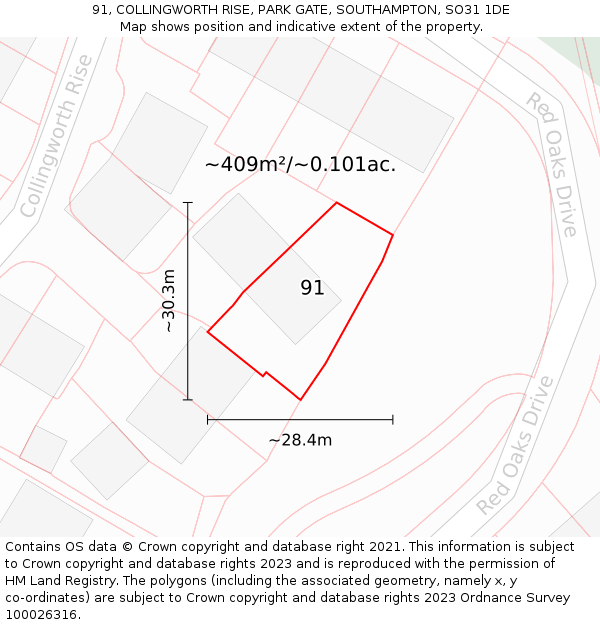 91, COLLINGWORTH RISE, PARK GATE, SOUTHAMPTON, SO31 1DE: Plot and title map