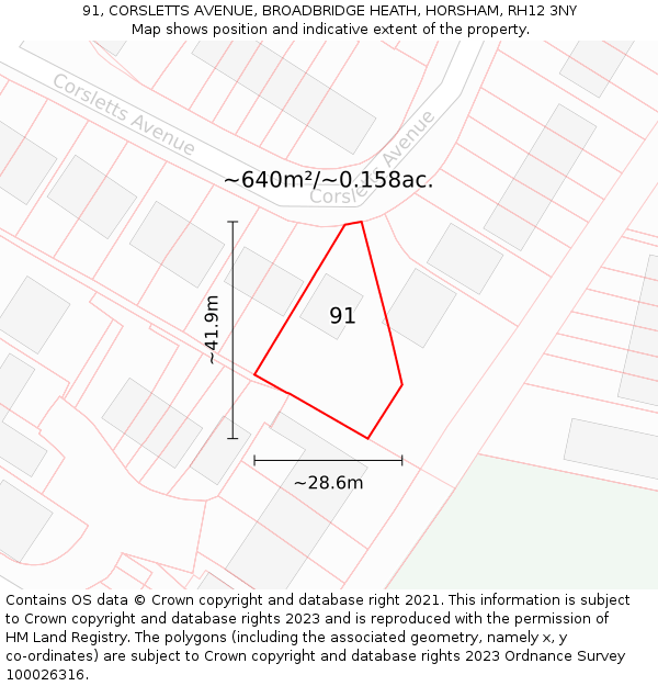 91, CORSLETTS AVENUE, BROADBRIDGE HEATH, HORSHAM, RH12 3NY: Plot and title map