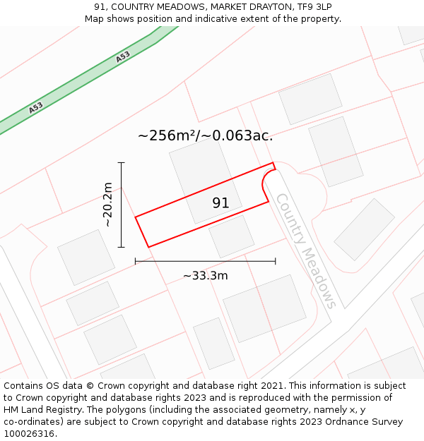 91, COUNTRY MEADOWS, MARKET DRAYTON, TF9 3LP: Plot and title map