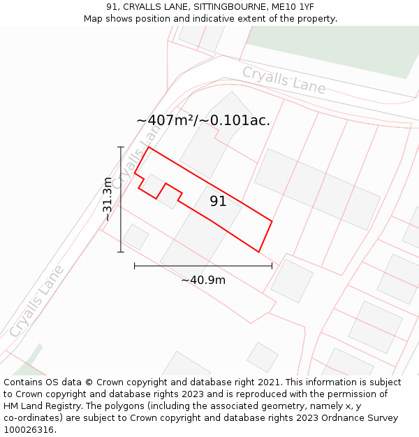 91, CRYALLS LANE, SITTINGBOURNE, ME10 1YF: Plot and title map